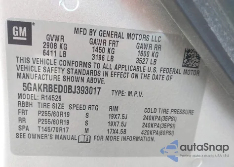 2011 Buick Enclave 1Xl z USA, uszkodzony, nr VIN 5GAKRBED0BJ393017